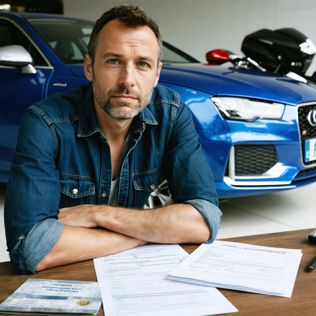Conducteur consultant des documents d’assurance auto et une attestation de stage de recuperation de points, avec une voiture et une moto en arriere-plan dans un garage.