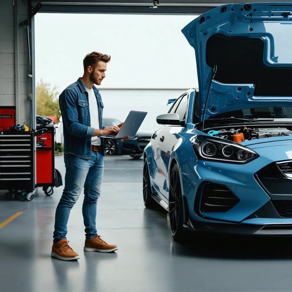Dans un atelier automobile réaliste, un passionné examine une voiture au capot ouvert pendant une reprogrammation moteur stage 1 avec un ordinateur branché au calculateur.