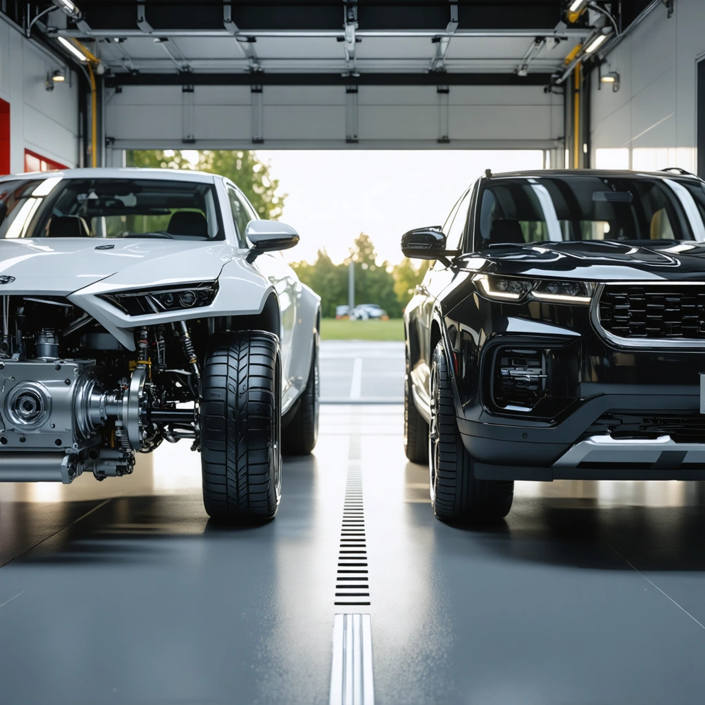 Comparaison visuelle réaliste entre une suspension hydraulique et une suspension pneumatique sur deux véhicules, avec composants visibles en atelier automobile.