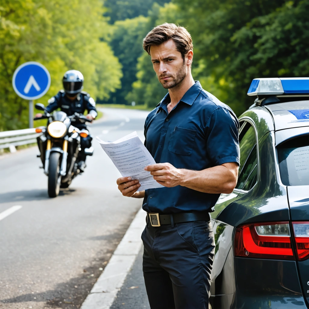 Conducteur inquiet au bord de la route tenant des documents de suspension de permis, avec une voiture et une moto en arrière-plan