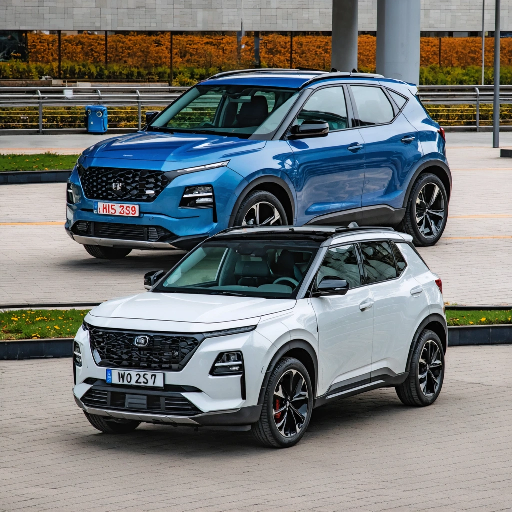 Deux SUV compacts réalistes garés côte à côte, l’un représentant une version essence et l’autre une version diesel, dans un décor mêlant ville et route pour illustrer leur comparaison