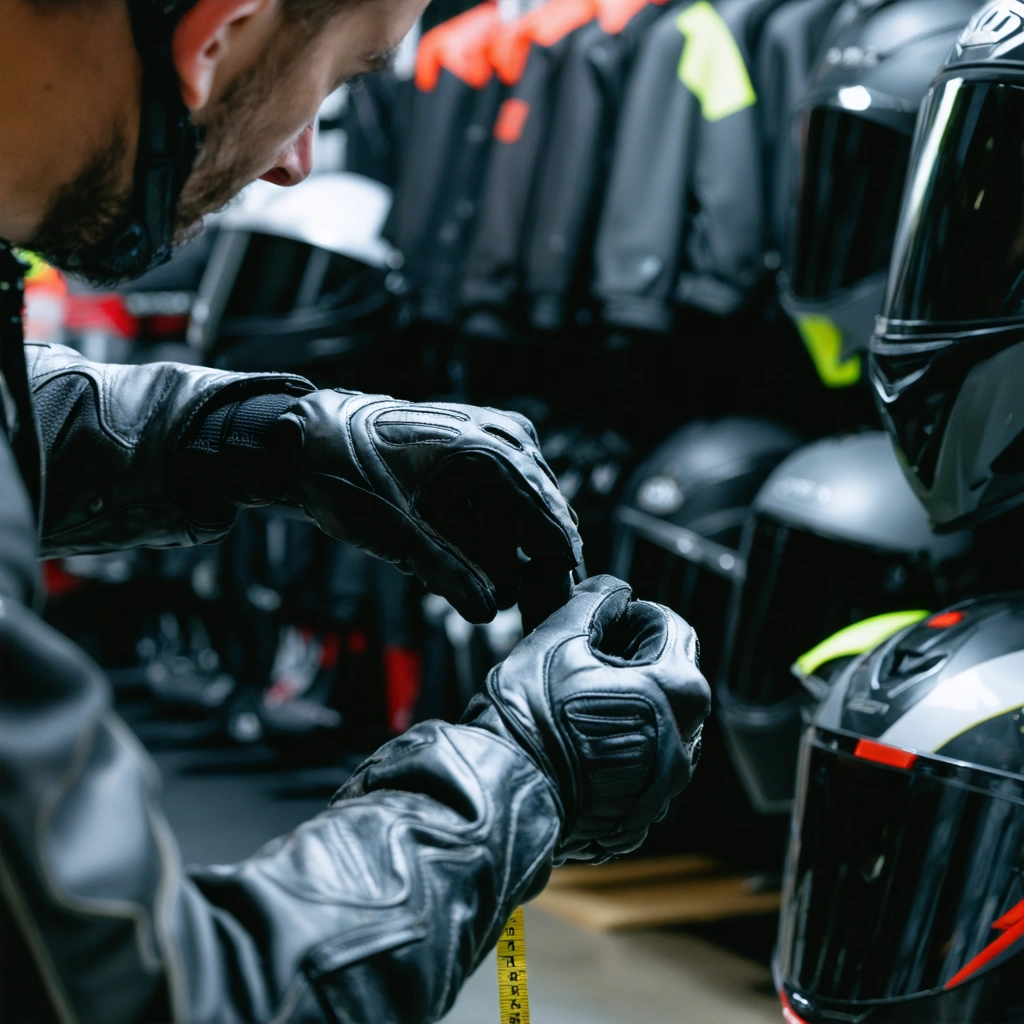 Motard en train de mesurer sa main et d'essayer des gants de moto dans un magasin d'equipement