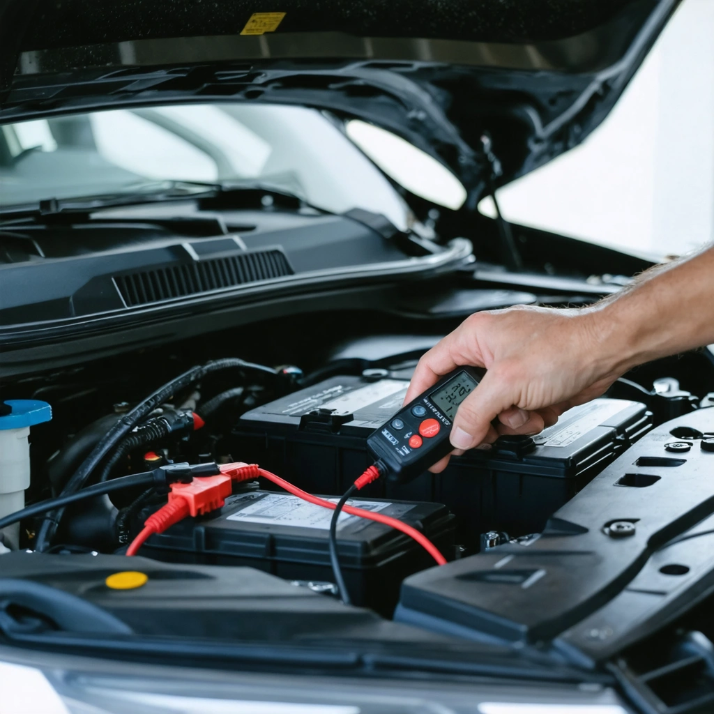 Un homme teste la batterie d'une voiture avec un multimetre sous le capot dans un garage