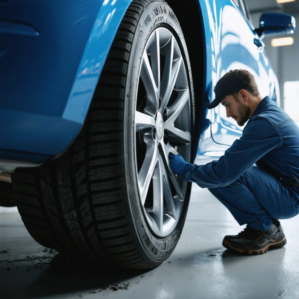 Un mecanicien inspecte de pres un pneu de voiture use de maniere irreguliere dans un garage, avec une machine d equilibrage visible a proximite.