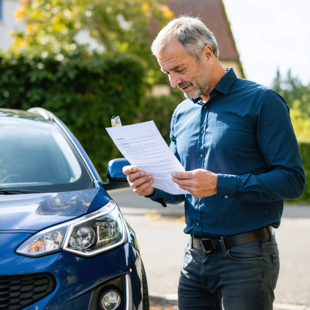 Un homme remet les clés d’une voiture vendue tout en consultant des documents d’assurance auto à côté du véhicule.