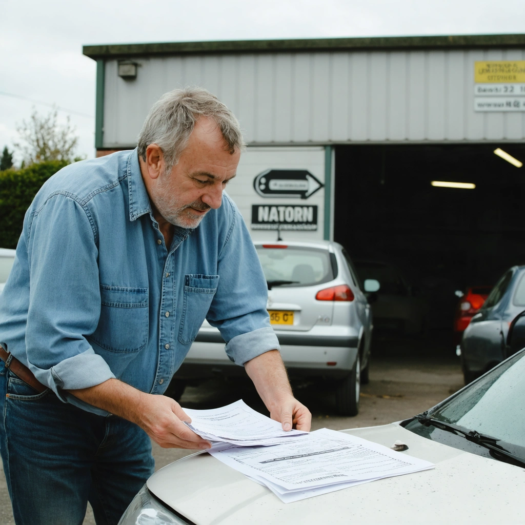 Un homme présente une voiture d'occasion à vendre avec des documents posés sur le capot, dans un parking, illustrant la vente d'un véhicule sans controle technique.