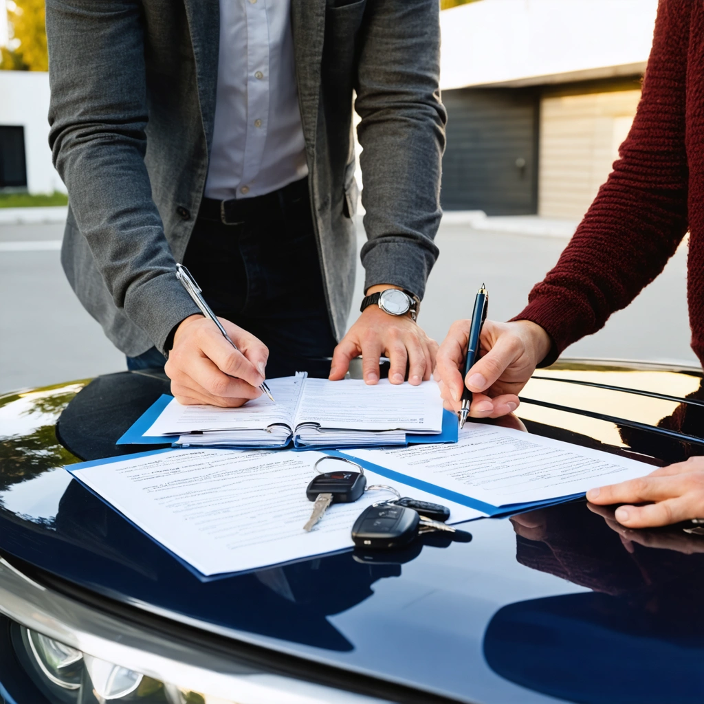 Un vendeur et un acheteur signent deux exemplaires du certificat de cession sur le capot d’une voiture d’occasion lors d’une vente entre particuliers.