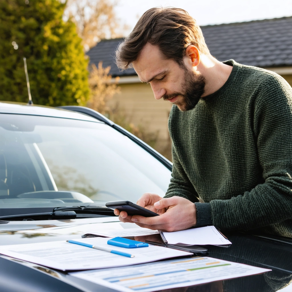 Un acheteur consulte l’historique HistoVec d’une voiture d’occasion sur son smartphone devant le véhicule et ses documents avant l’achat.