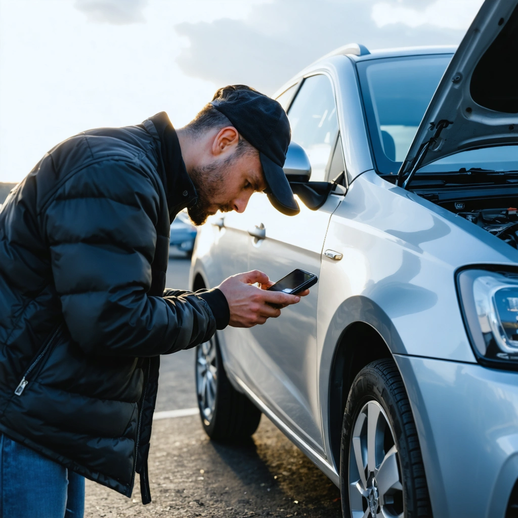 Un acheteur inspecte attentivement une voiture d’occasion en regardant la carrosserie, les alignements et le compartiment moteur pour repérer d’éventuels signes d’accident.