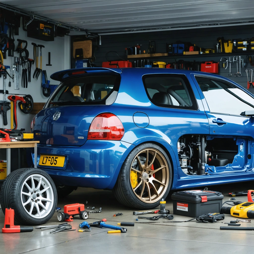 Une voiture sportive dans un garage, partiellement vidée avec la banquette arrière retirée, la roue de secours posée au sol et des outils autour pour illustrer un allègement visant de meilleures performances.
