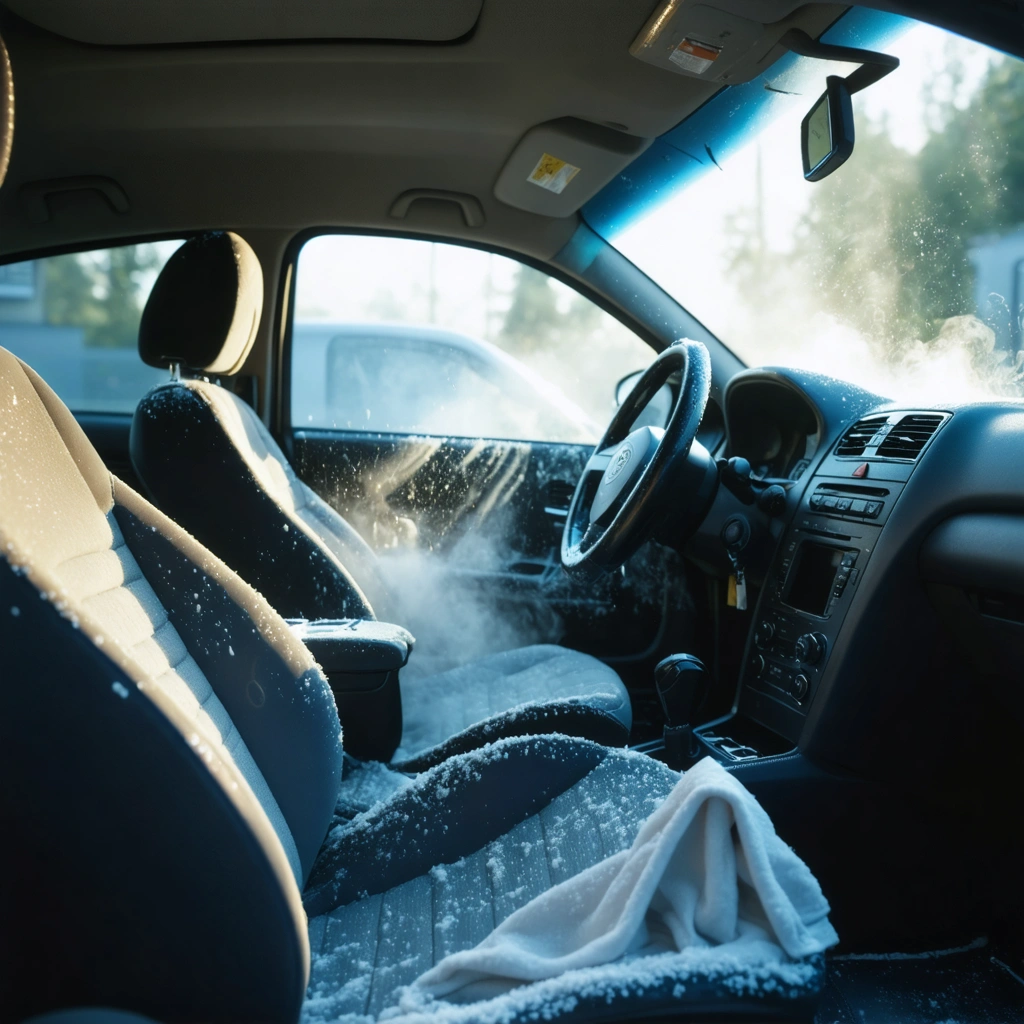 Interieur d une voiture d occasion en cours de nettoyage pour eliminer une odeur de tabac, avec sieges, tableau de bord et accessoires de nettoyage visibles