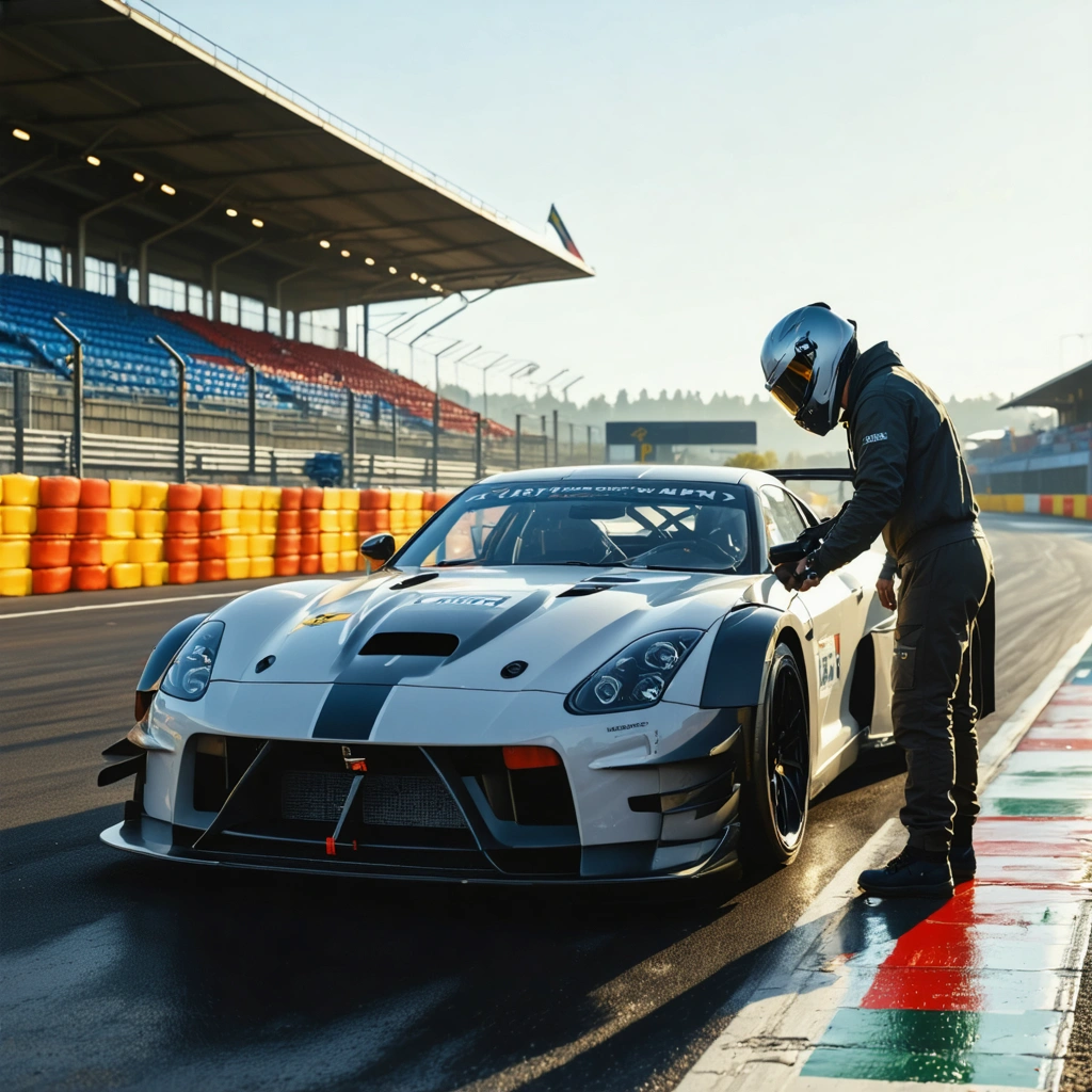 Une voiture de sport personnelle sur le paddock d'un circuit, avec un passionne qui verifie les pneus avant une session de roulage.