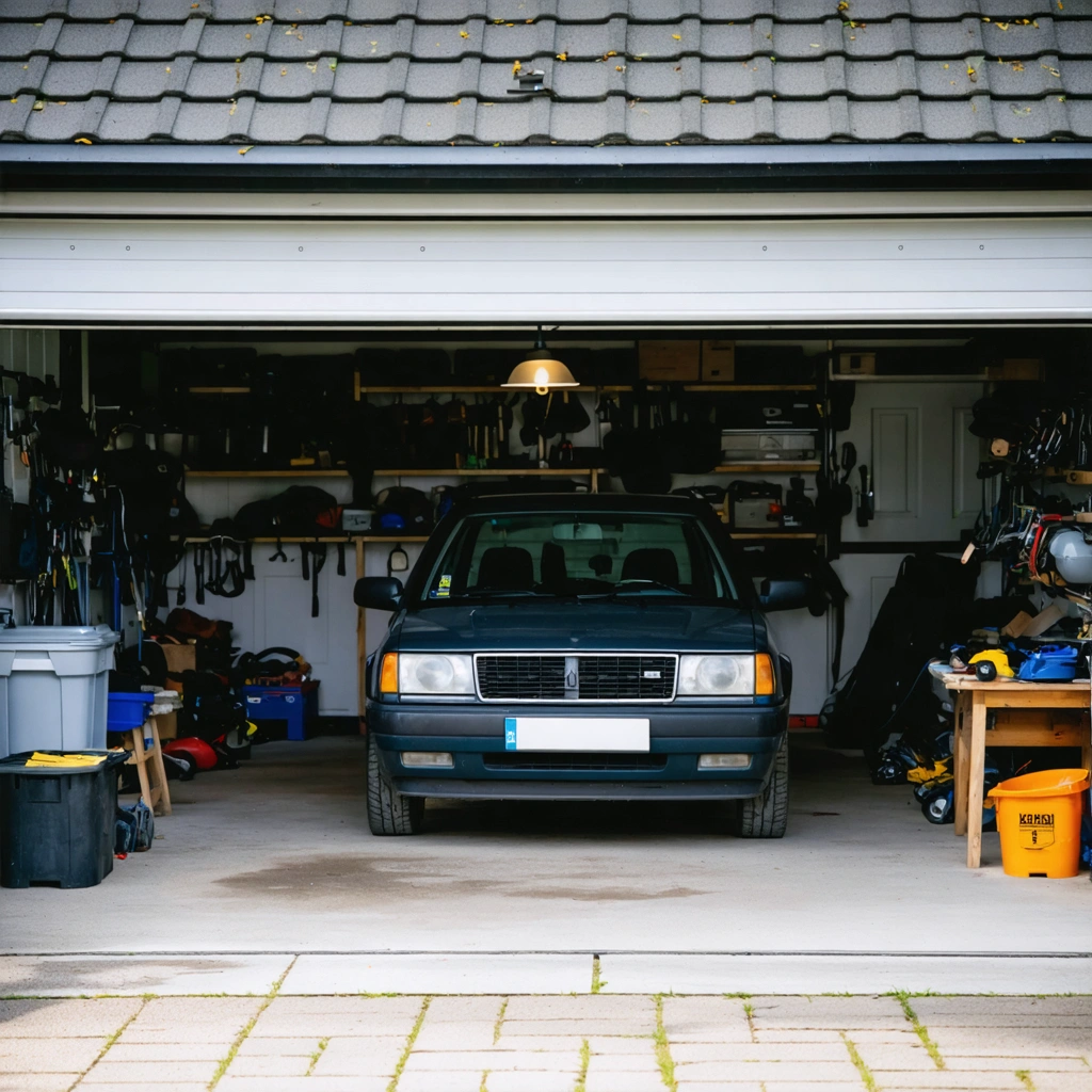Voiture immobilisee stationnee dans un garage ferme avec une ambiance realiste de stockage securise