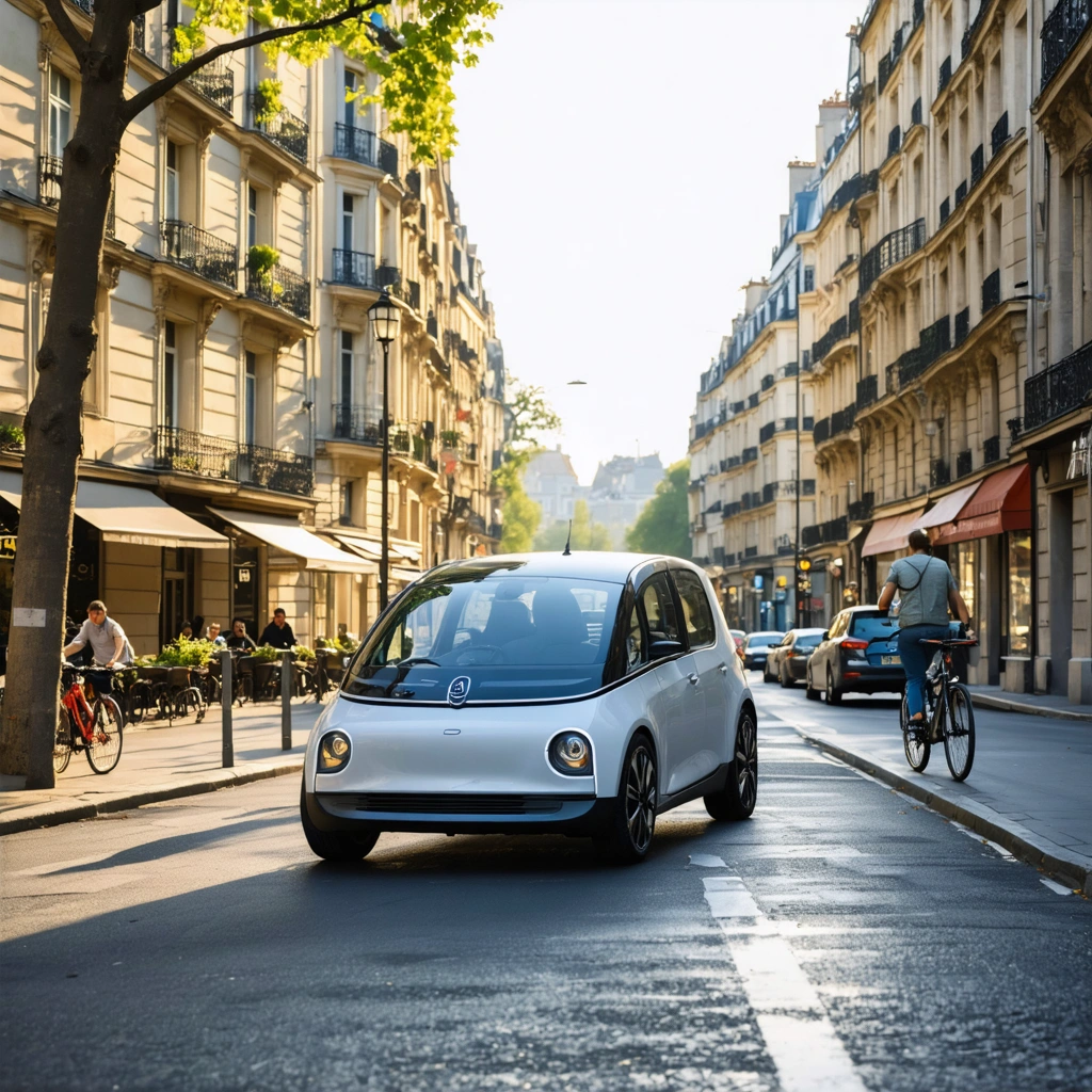 Une voiture hybride compacte stationnee dans une rue de ville avec circulation, pietons et immeubles en arriere-plan