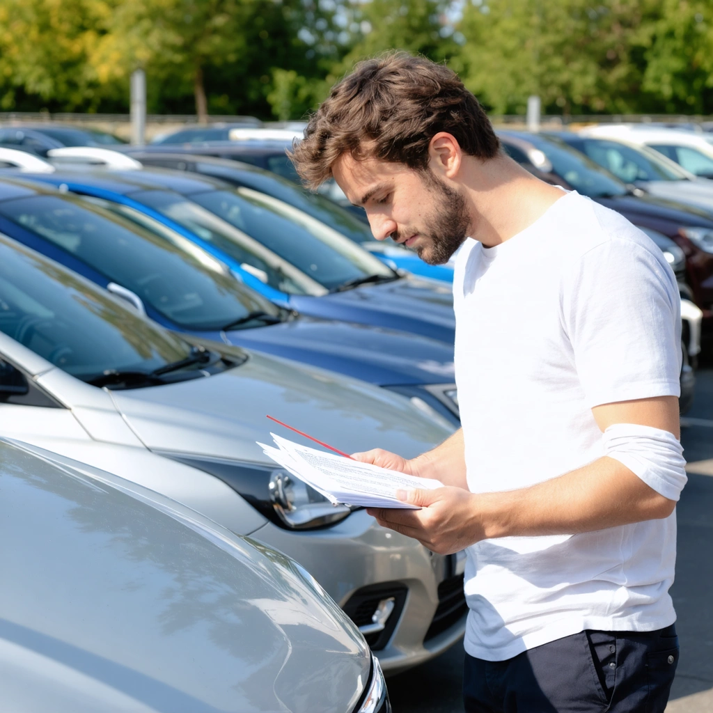 Plusieurs voitures d'occasion fiables stationnees sur un parc automobile, avec un passionne en train d'examiner un modele compact avant achat