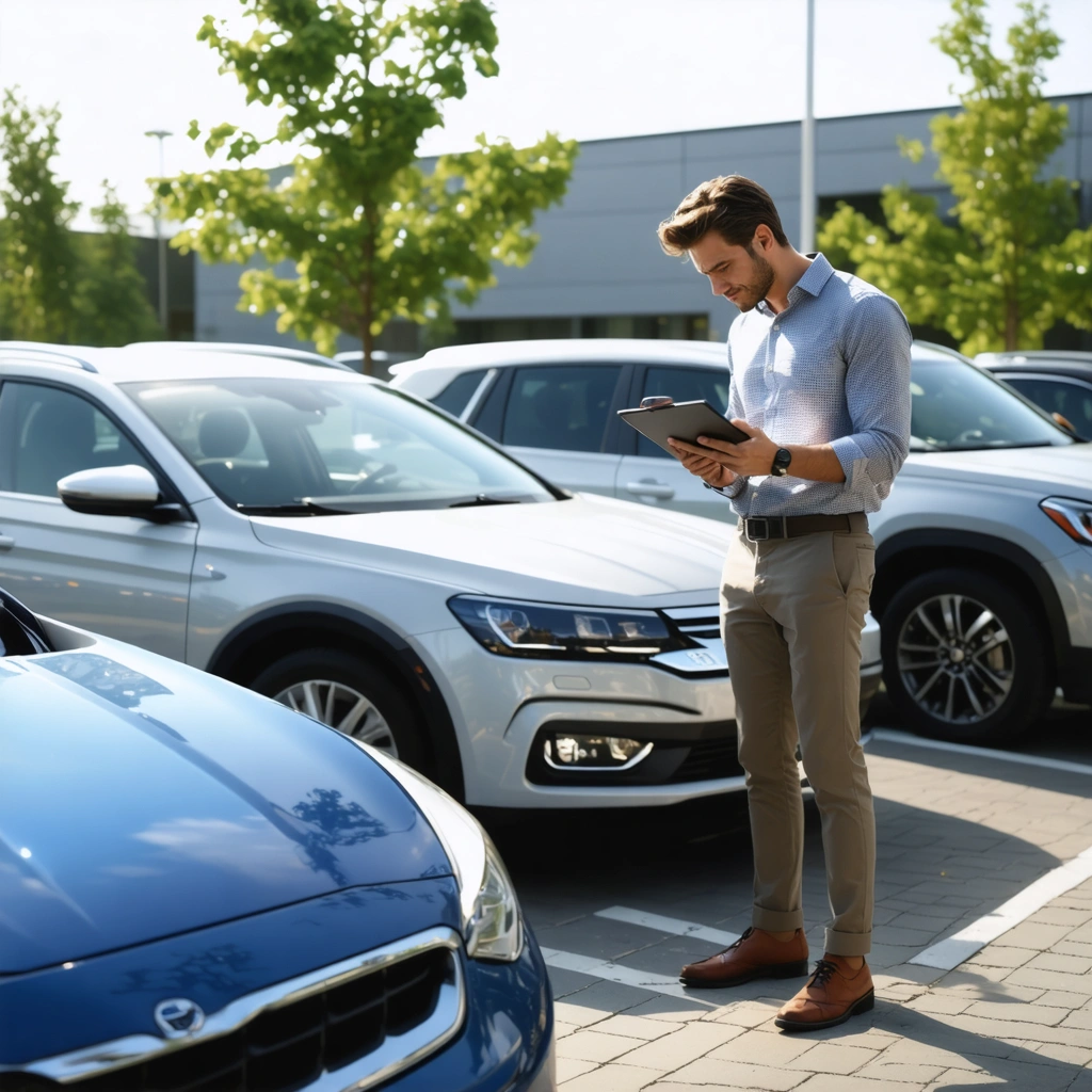Plusieurs voitures modernes réputées fiables alignées sur un parking, avec un acheteur qui les compare attentivement avant de faire son choix.