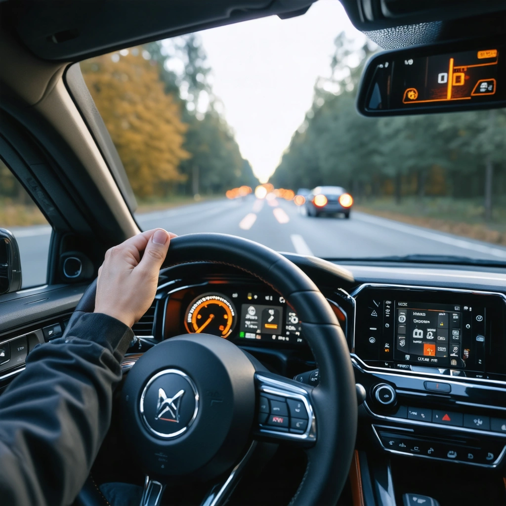 Tableau de bord d'une voiture avec le voyant moteur orange allume pendant la conduite, sans autre alerte visible